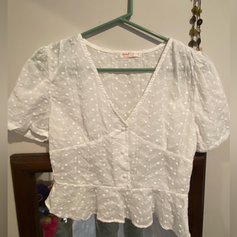 ROMWE White Eyelet V-Neck Blouse